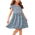 thumbnail image 2 of Rvasteizo Toddler Girls' Dresses Print Short Sleeve Round Neck Dress Floral Print Ruffle Sleeve Casual Cut for 2-15 Years Summer Outfit, 2 of 4