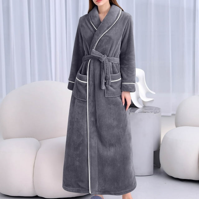 DPTALR Peignoir Bandage Uni pour Femmes Robe de Bain Pyjama Long Vêtement de Nuit avec Poche Ceinture+ceintures
