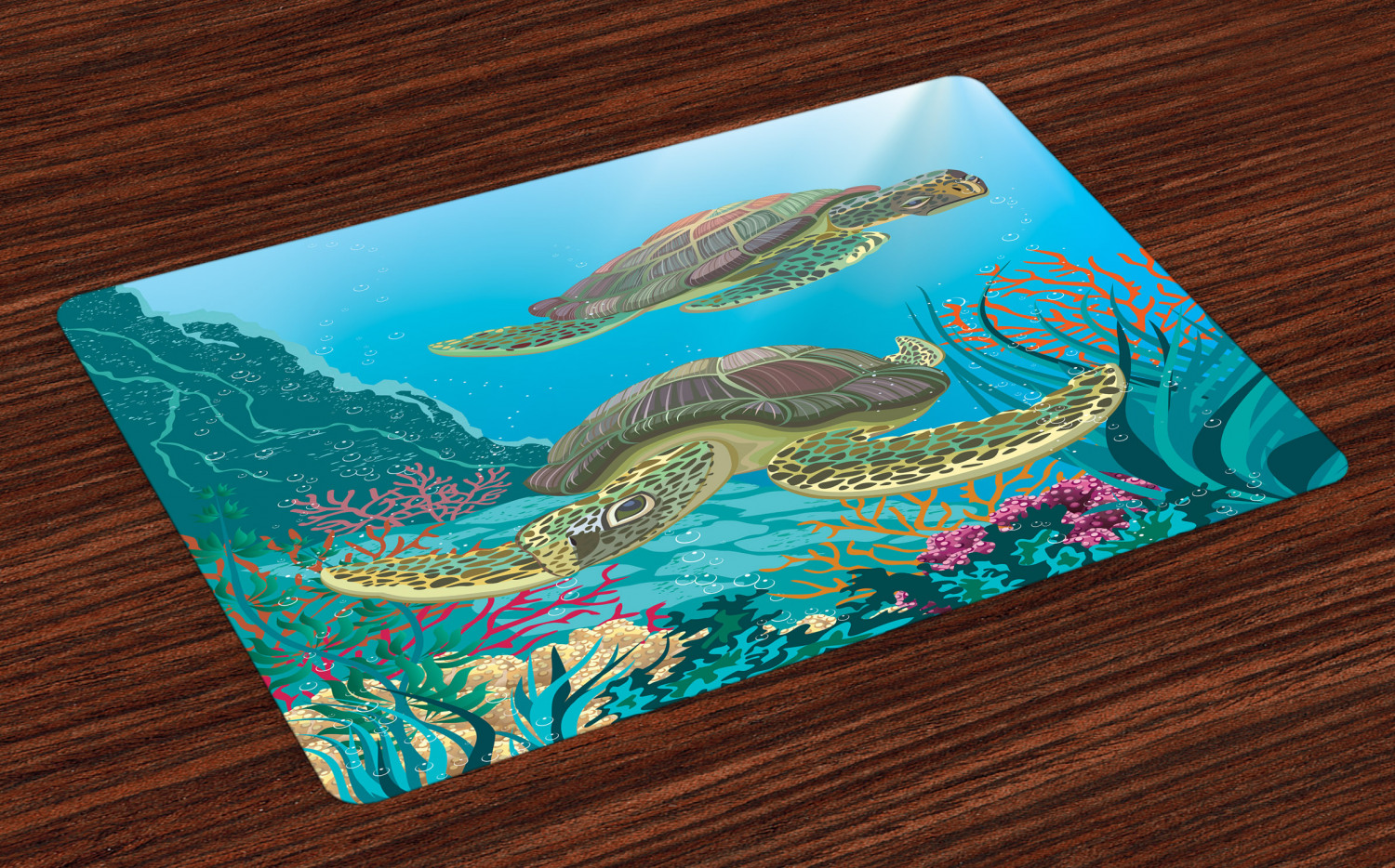 Sea Animals Placemats Set of 4 Illustration of Two Sea Turtles Swimming
