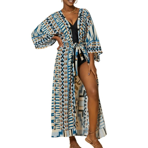 EDOLYNSA Bohemian Printed Bikini Cover-ups Elegant Self Belted Kimono Dress Tunic Women Plus Size Beach Wear Swimsuit Cover Up