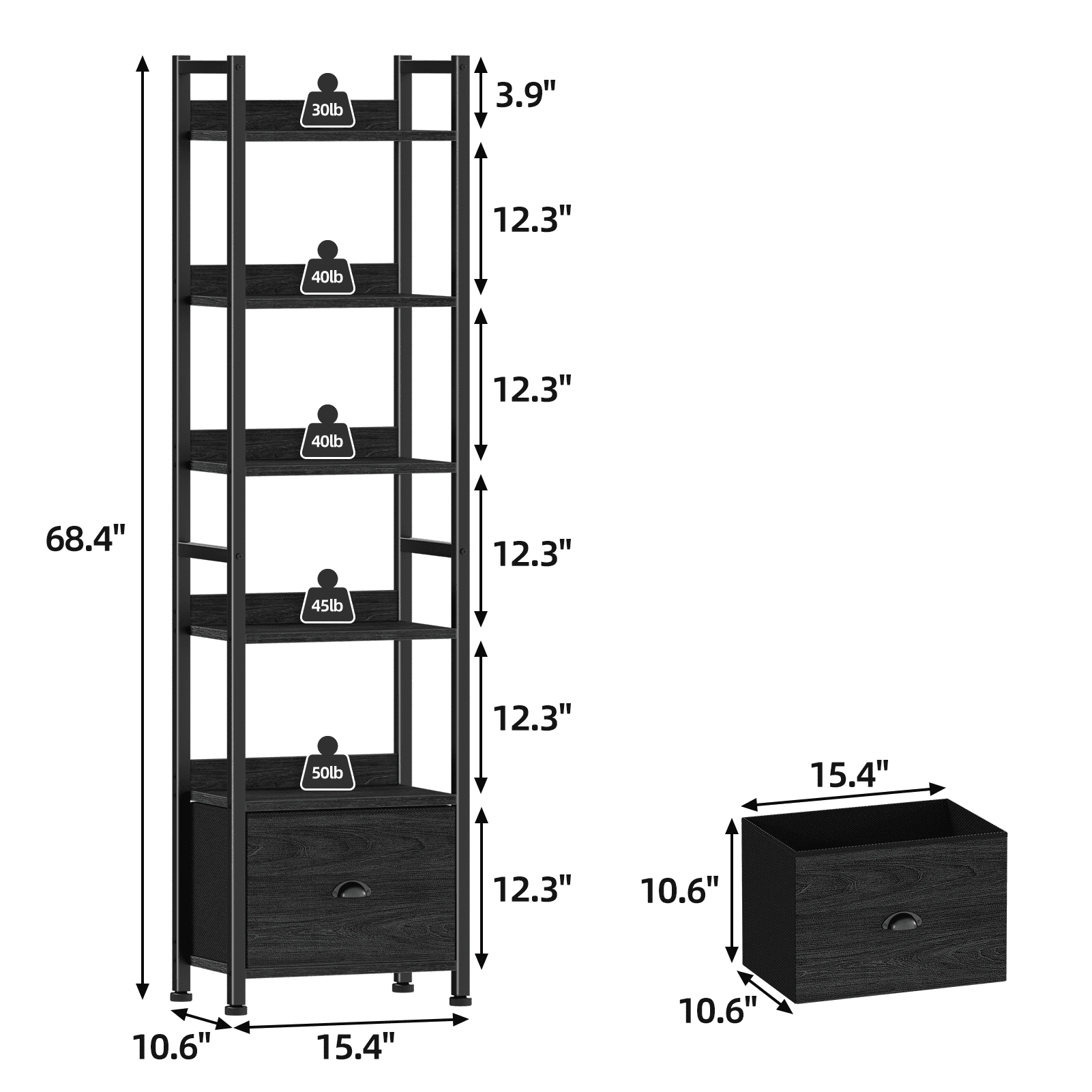 Satifur 6 Tier Industrial Bookcase with Single Removable Drawer, Adjustable Foot Pads, Black Oak Standing Storage Shelf for Living Room & Entryway