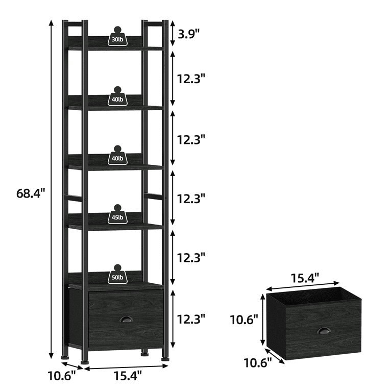 Satifur 6-Tier Industrial Bookcase with Drawer, Black Oak photo 3