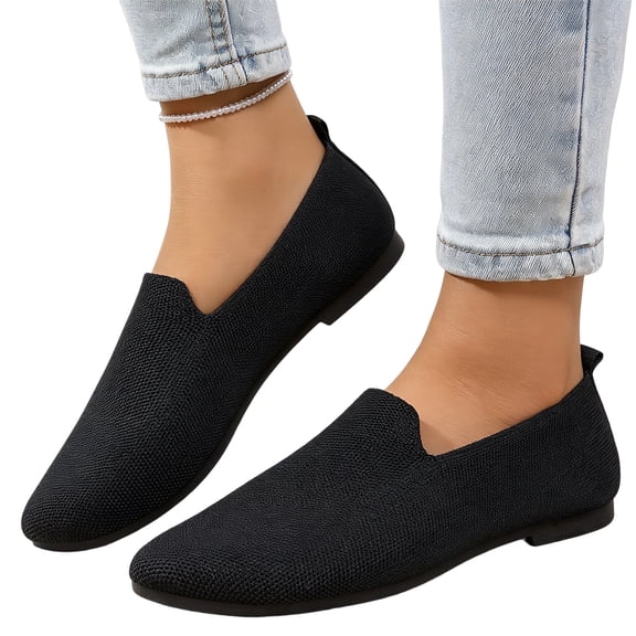 HTHLVMD Knitted V-Cut Slip-On Flats, Breathable Casual Loafers, Women's Ballet Flats Knit Dress Shoes Comfortable Casual Dressy Shoes Work Flat Round Toe Slip On Ballerina Flats for Women, Black 6