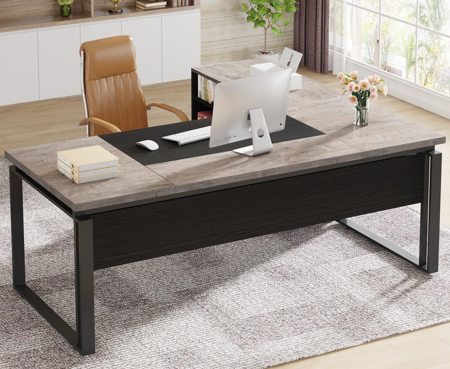 L-Shaped Executive Desk with Reversible File Cabinet, 3" Office Desk with Storage Drawers, Grey