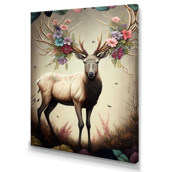 Designart Caribou With Blooming Antlers Canvas Wall Art