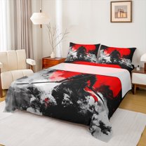 jejeloiu Japanese Samurai Bed Sheets,Gray Splashing Ink King Sheets,Red Moon Sheet Set For Adults,Microfiber Bedroom Decor,4 Pieces