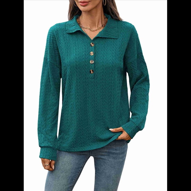 Blusas Holgadas de Larga con Botones y Solapa de Color Liso para Mujer, Otoño e Invierno Azul Pavo Real M