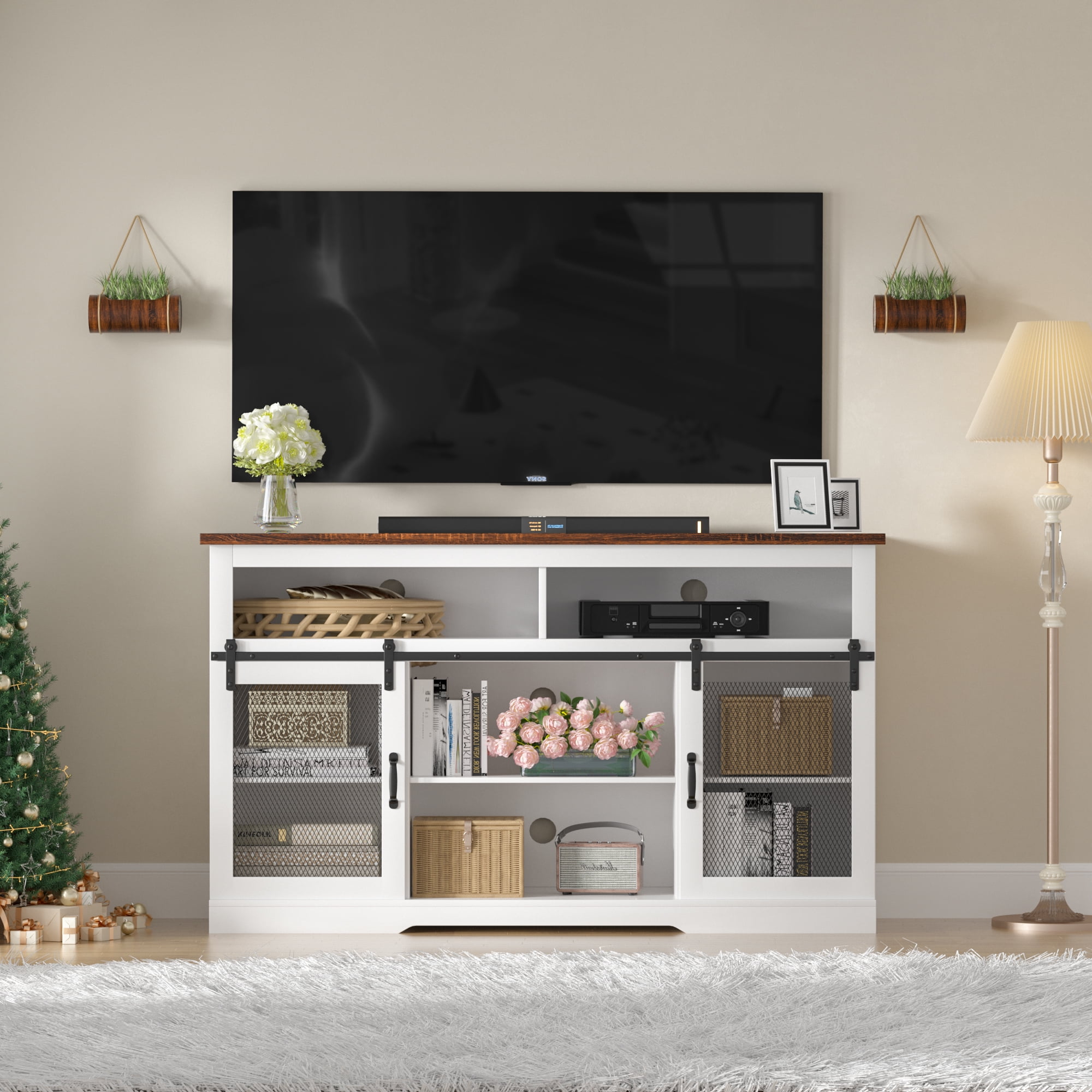 Tolead Farmhouse Style TV Stand for 65"+ TVs, Top, Sturdy, Dvds, Tall Entertainment Center, White