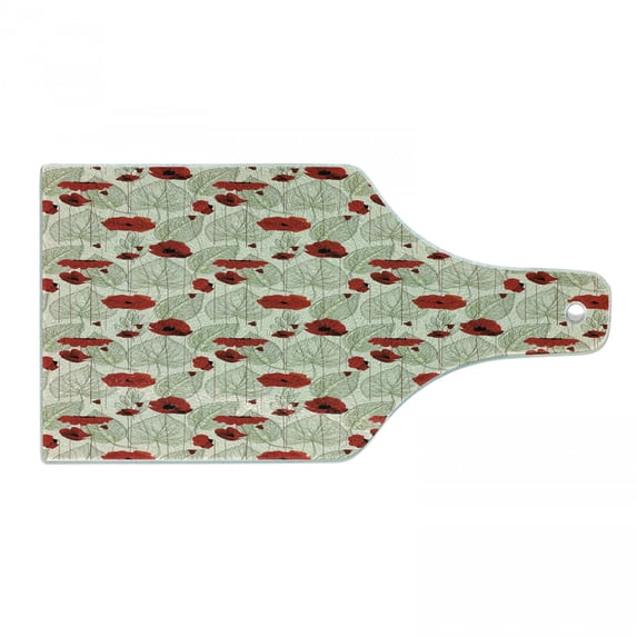 Poppy Flower Cutting Board, Sketchy Tree Leaves Rural Floral Growth Botany Nature Inspired, Tempered Glass Cutting and Serving Board, Wine Bottle Shape, Scarlet Fern Green Beige, by Ambesonne