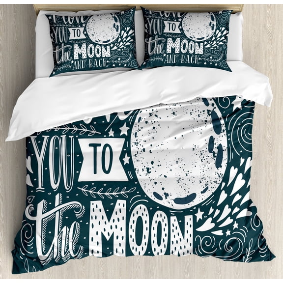 I Love You Duvet Cover Set Queen Size, Wish from the Universe Harvest Swirls Branches Floral Leaves Stars, Decorative 3 Piece Bedding Set with 2 Pillow Shams, Dark Petrol Blue White, by Ambesonne