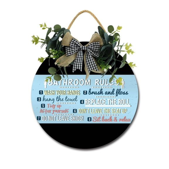 Farmhouse Bathroom Wall Decor - Rustic Framed Round Wooden Sign - Vintage Decoration for Toilet Washroom Restroom - 12 x 12 inch (Bathroom Rules)