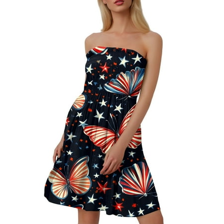 CHCNHAC Tube Dresses for Women 4th Of July Cute Dresses Patriotic Stars and Stripes Print Flowy Swing Strapless Beach Dress Wine S