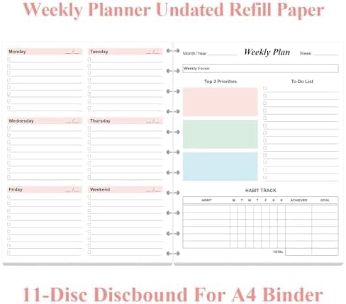 Weekly Planner Undated Refills - Letter Size 53 Sheets/106 Pages Colorful Weekly Planner for 11-Disc Discbound, TUL, 100 gsm White Paper, Lasts 1 Year, Undated, 8.5" x 11"