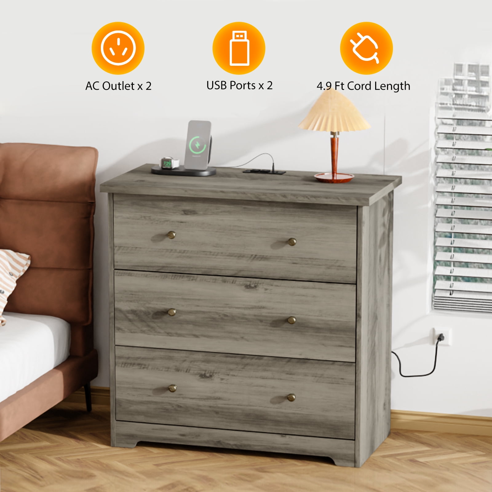 3-Drawer Nightstand, Grey, 31.5 x 15.75 x 30.5 in