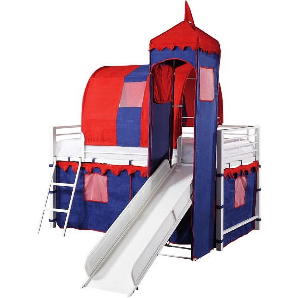 Castle Tent Twin Metal Loft Bed with Slide & Under Bed Storage, White