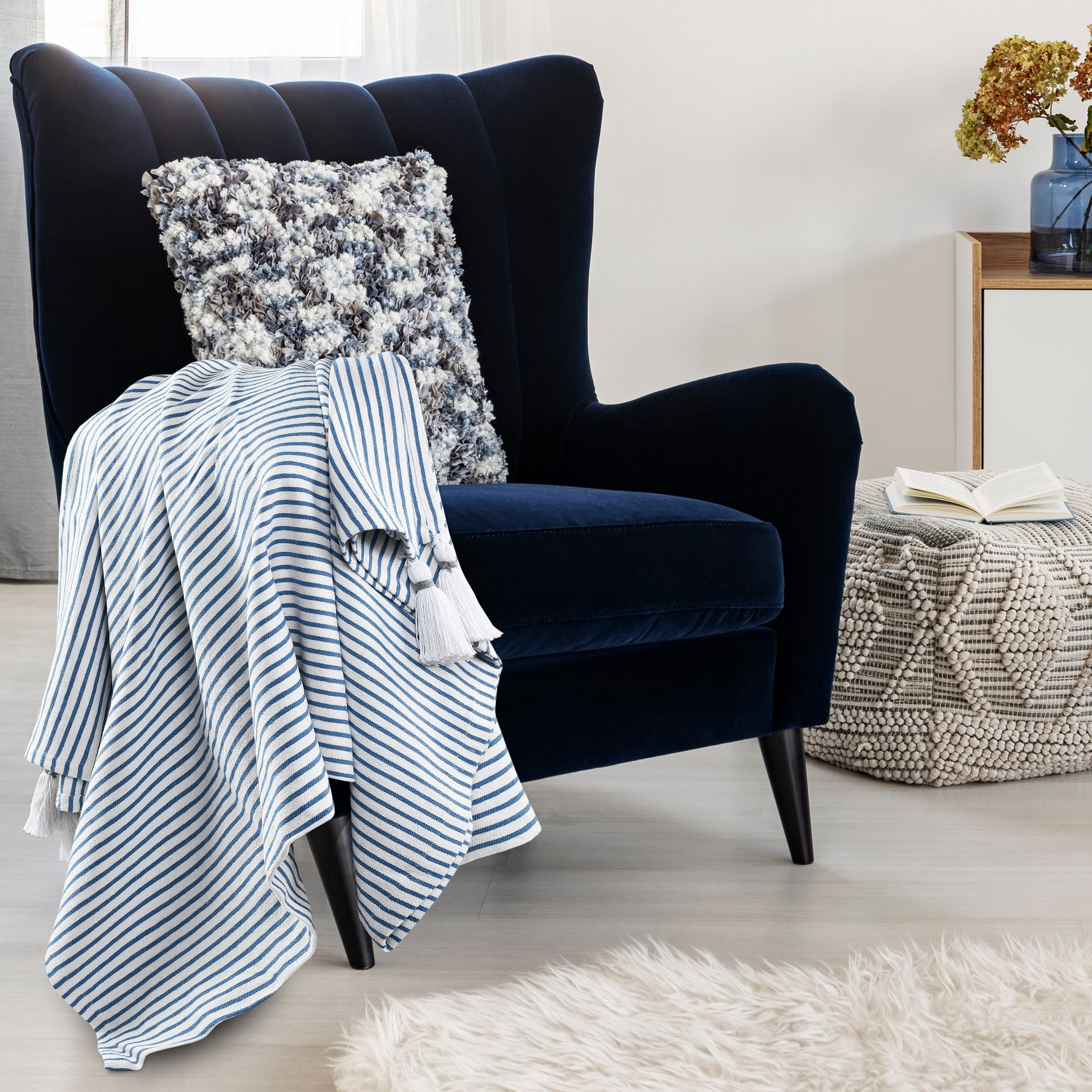 Ox Bay Hampton 50" x 60" Blue/White Striped Cotton Adult Decorative Throw Blanket