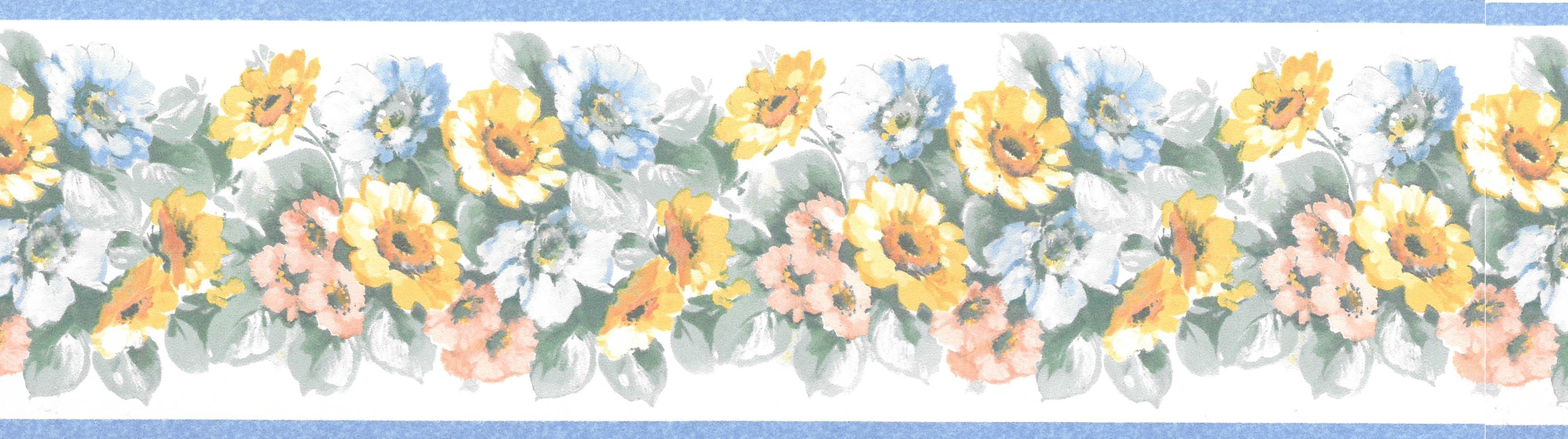 Prepasted Wallpaper Border Floral Periwinkle Yellow Pink Flowers On