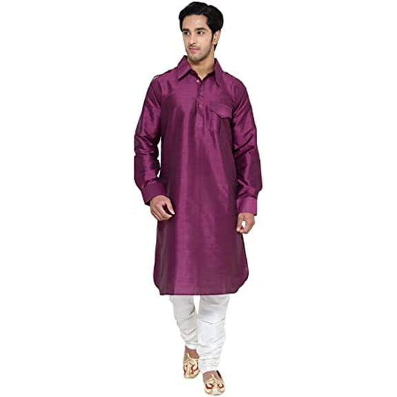 Royal Men's Pathani Silk Blend Kurta & Churidaar Set Purple