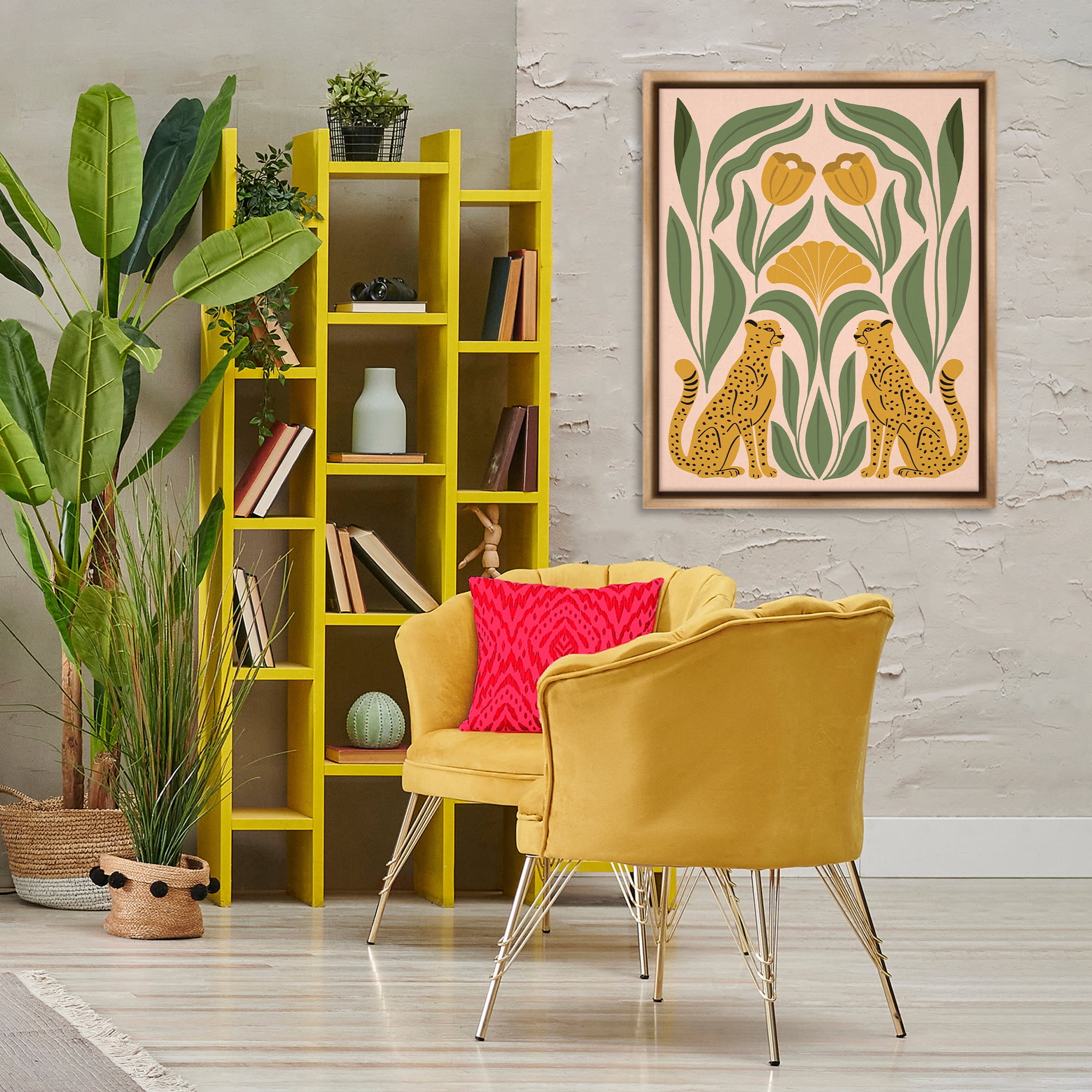 Stupell Industries Boho Chic Mirrored Leopards Plants & Flowers Painting Brown Floater Framed Canvas Art Print Wall Art, 25 x 31