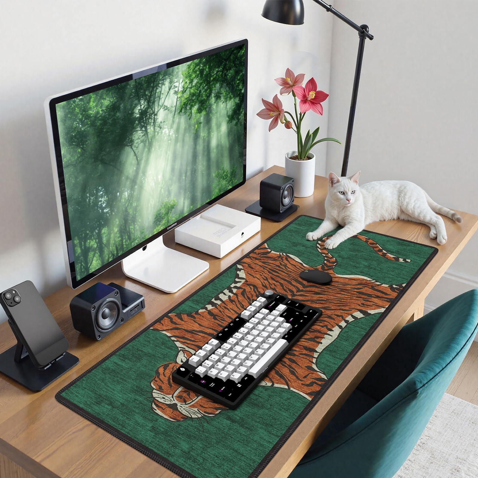 Tiger Desk Mat For And Mouse  Non Slip Large Tigerhide Smooth Gaming Pad Long Office Home 35.4 X 15.7 Inches (emerald Green)