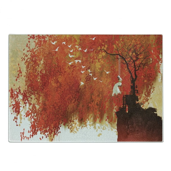 Fall Cutting Board, Woman in White Dress Swinging Doves Under a Tree with Leaves in Orange Shades, Decorative Tempered Glass Cutting and Serving Board, Small Size, Orange Brown White, by Ambesonne