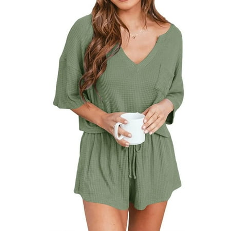 

MAWCLOS Women Drawstring Lounge Sets Straight Leg Summer Pjs Elastic Waist Waffle Joggers Sleepwear Loungwear