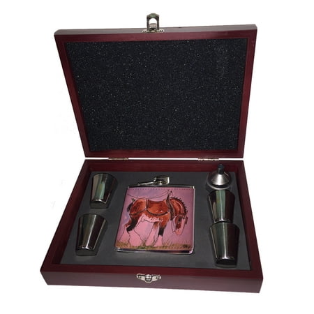 

KuzmarK Pink Leather Flask Set in Rose Wood Gift Box - Clydesdale at Work Draft Horse Art by Denise Every