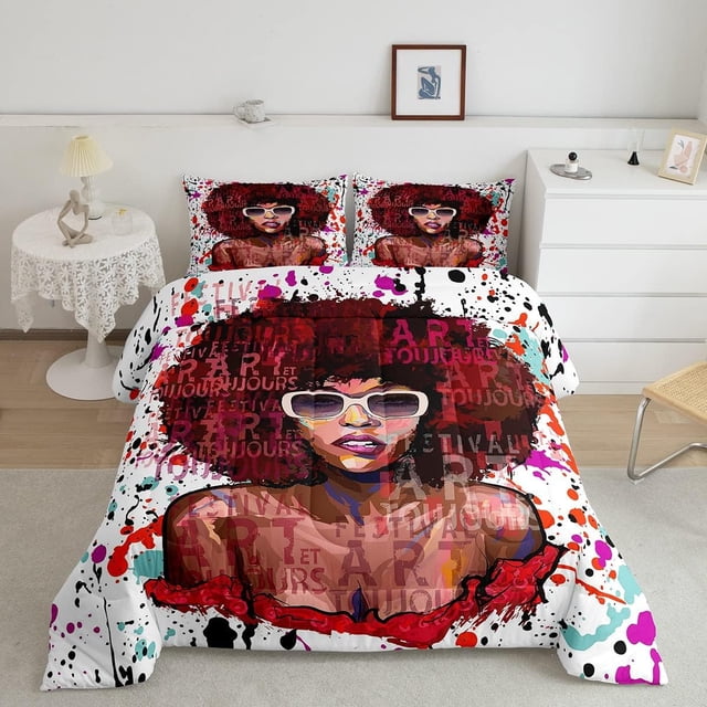 YST African American Black Girl Comforter Set King,Cool Afro Woman