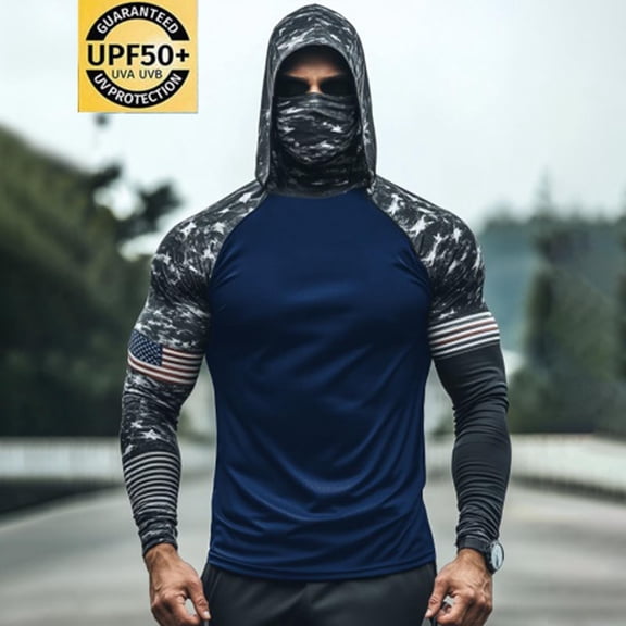 Xdegoge Men's Flag Pattern Sun Protection Hoodie Long Sleeve Quarter Zip Style Effect Sun Shirt with Mask Patriotic Performance Apparel for Sporting & Holiday Events
