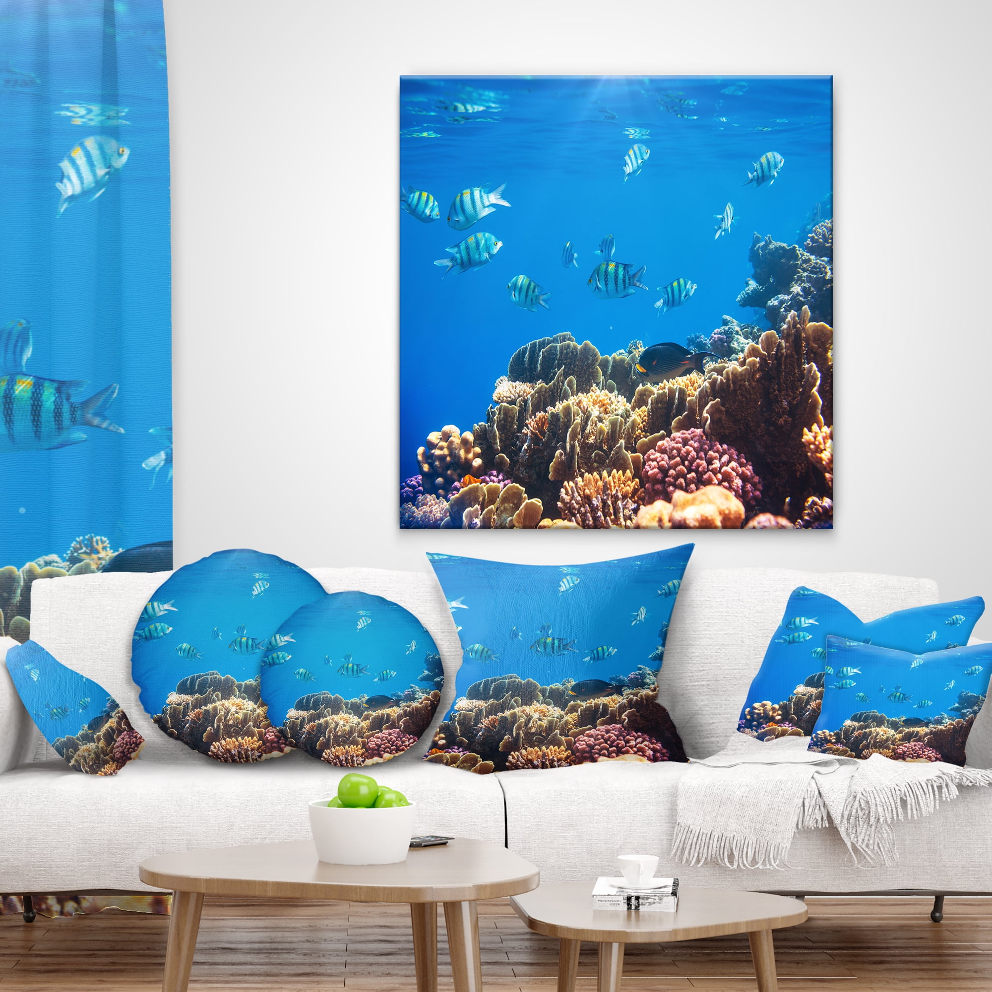 Designart Bright Blue Waters and Coral Fish - Seashore Throw Pillow - 12x20