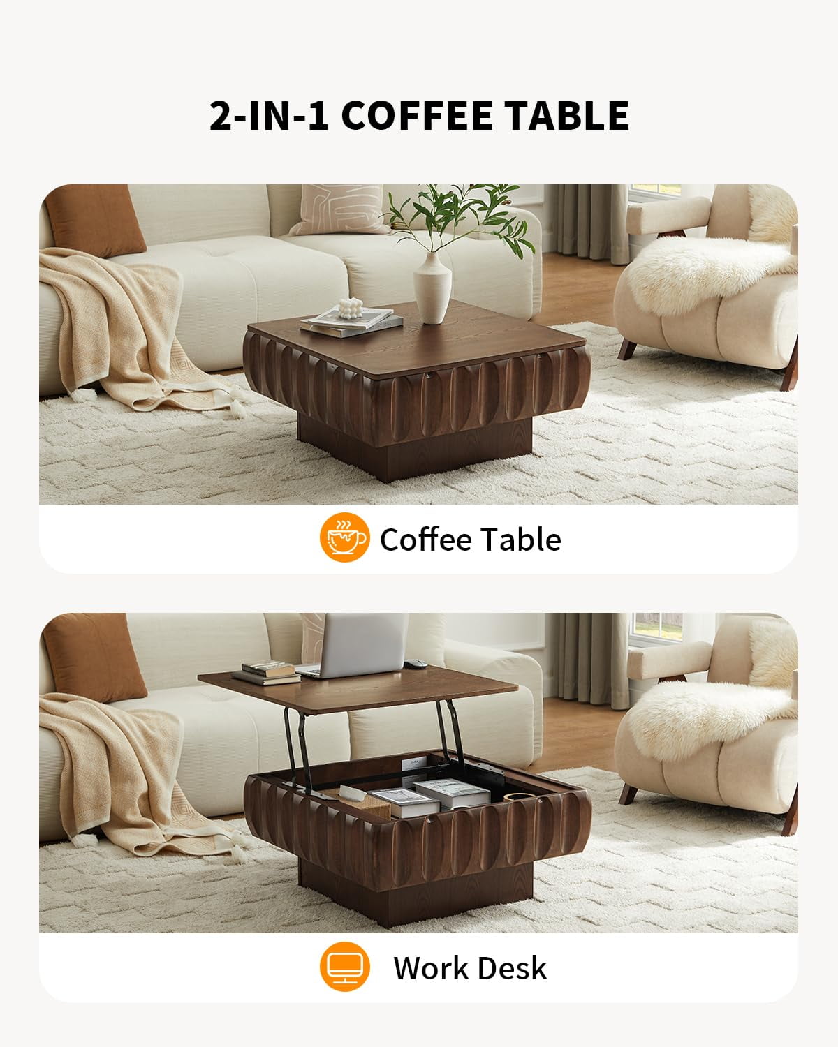 Lift Top Coffee Table with Hidden Storage, 31 inch Solid Wood Fluted Design for Small Space Living Room, Walnut