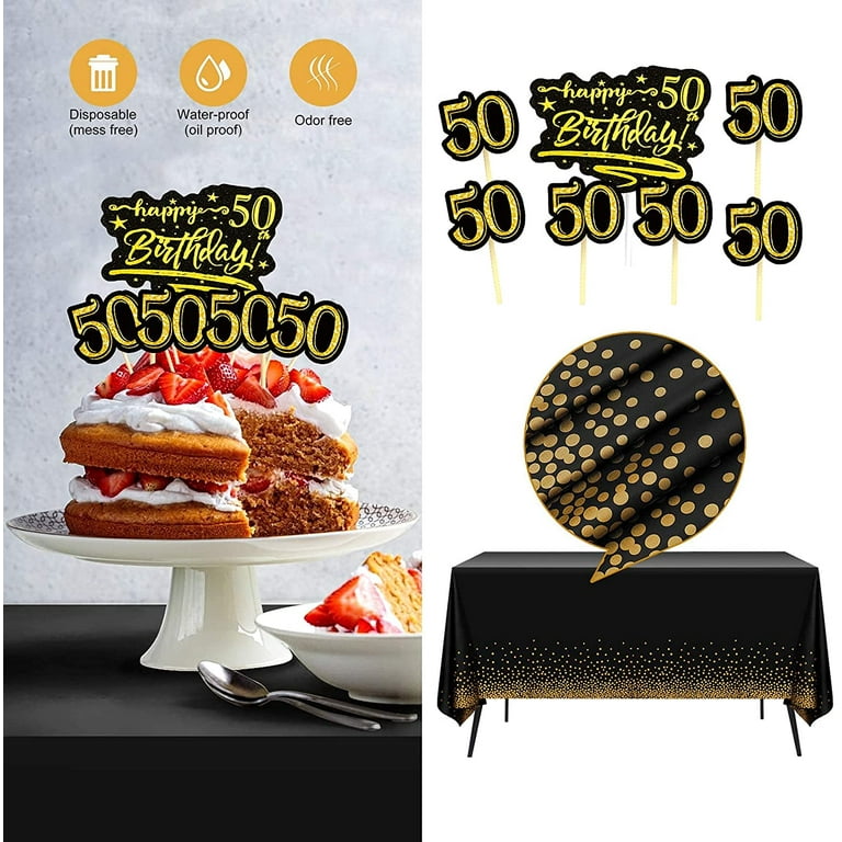 50th Birthday Decorations for Men(76Pack) Black Gold Party Banner, Pennant, Hanging Swirl, Birthday Balloons, Tablecloths, Cupcake Topper, Crown, P