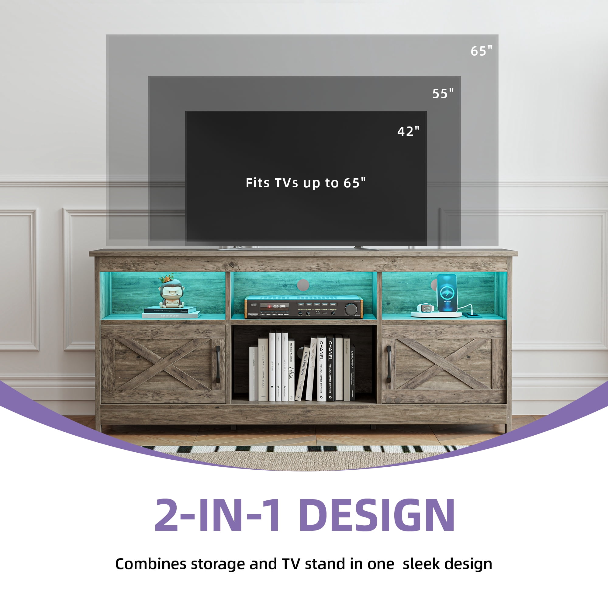 Uforic Farmhouse-Inspired TV Stand with Power Outlet, LED-Lit Media Console, Simplistic TV Cabinet for Living Room or Bedroom, Rustic Gray, 59 Inch