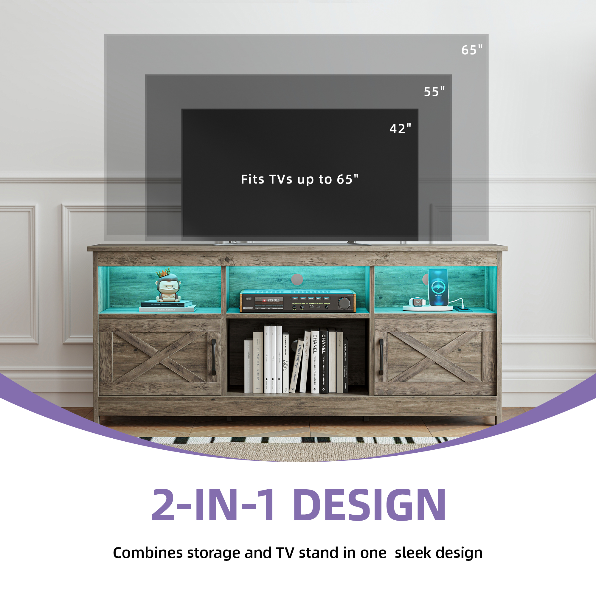 Uforic Farmhouse TV Stand with LED Lights, 59 Inch photo 2