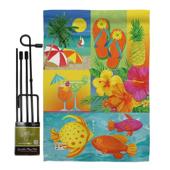 Breeze Decor BD-SU-GS-106067-IP-BO-D-US12-AM 13 x 18.5 in. Tropical Collage Summer Fun in the Sun Impressions Decorative Vertical Double Sided Garden Flag Set with Banner Pole