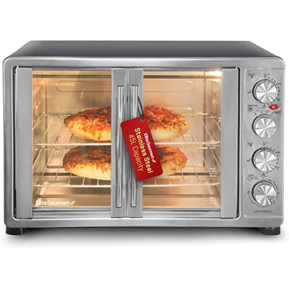 Elite Gourmet ETO-4510M French Door 47.5Qt, 18-Slice Convection Oven 4-Control Knobs, Bake Broil Toast Rotisserie Keep Warm, Includes 2 x 14" Pizza Racks, Stainless Steel