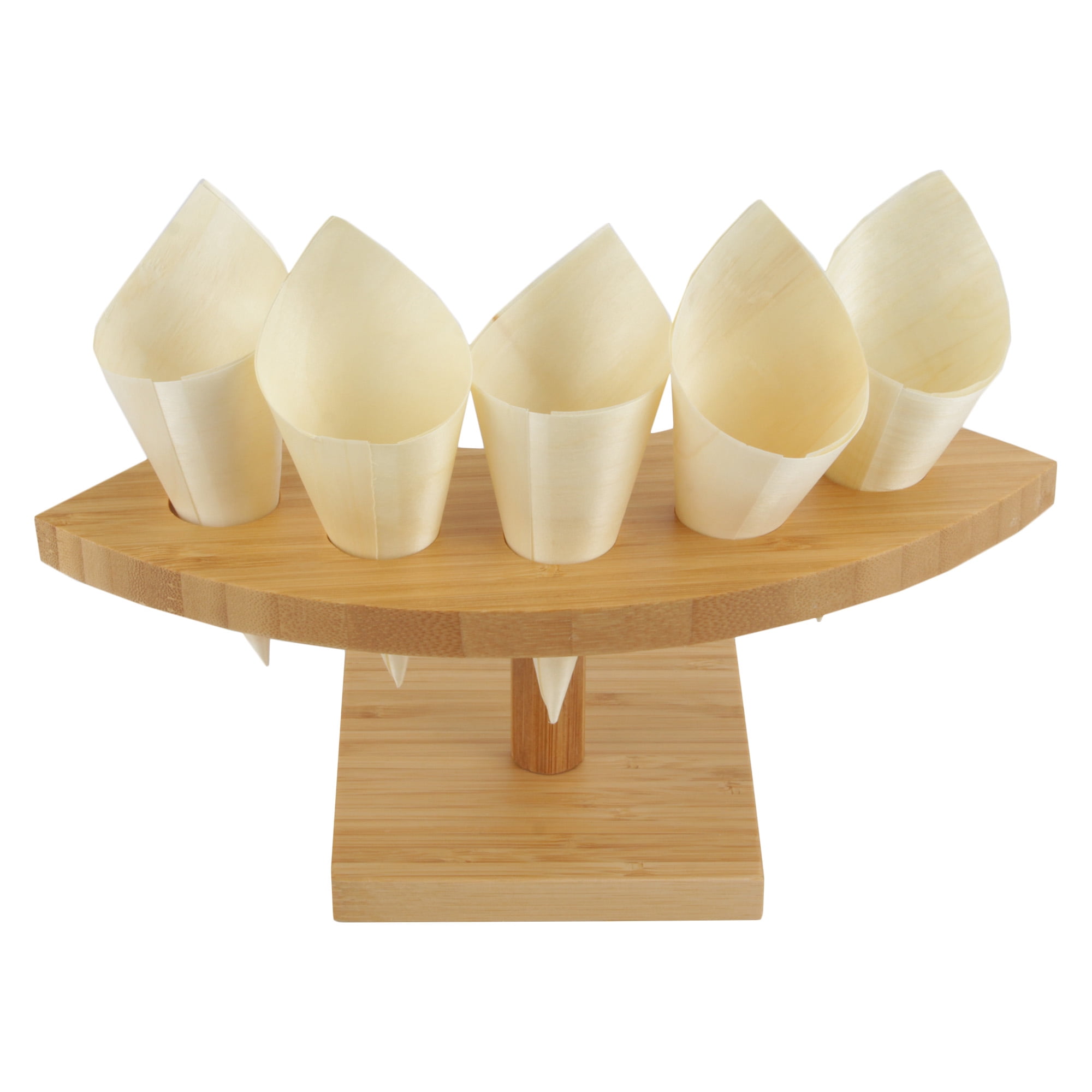 BambooMN 10 Inch Natural Bamboo Crescent Food Cone Display Tamaki Stand, With Wood Cones and Skewer Picks, 1 Set
