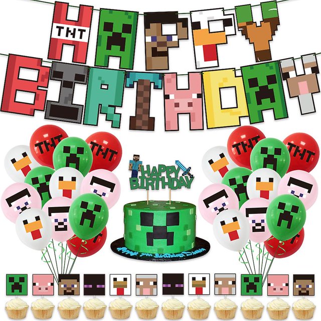 Minecraft Pull Flag Globo Pastel Insertar Conjunto Pixel Juego Tema Decoración Fiesta de Cumpleaños Feliz Sencillez