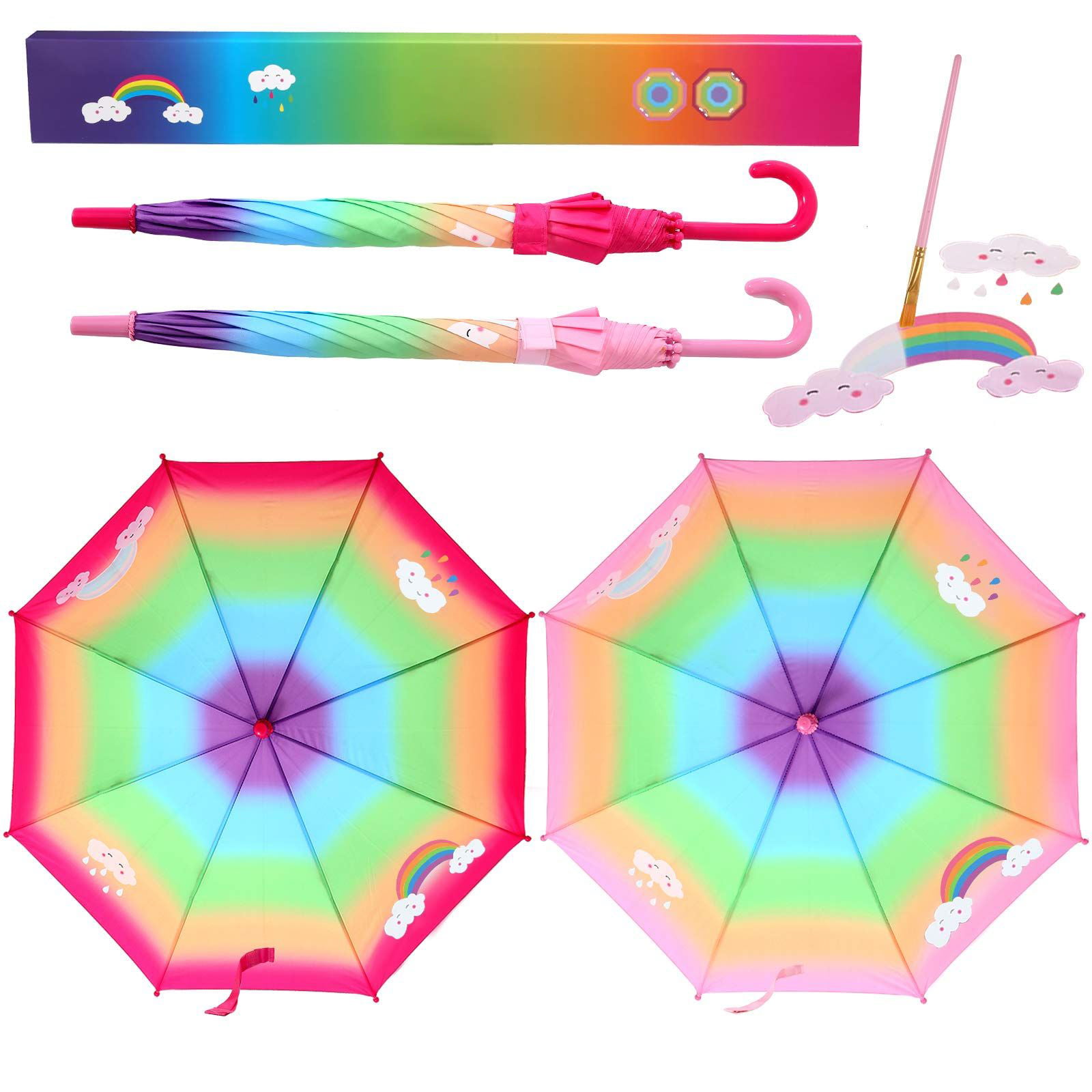 Kids Umbrella 2 Pack Umbrellas Set for Girls with Rainbow and White Cloud Coloring Changing with Water Umbrellas Gift for Birthday Party Favor Christmas Stocking 