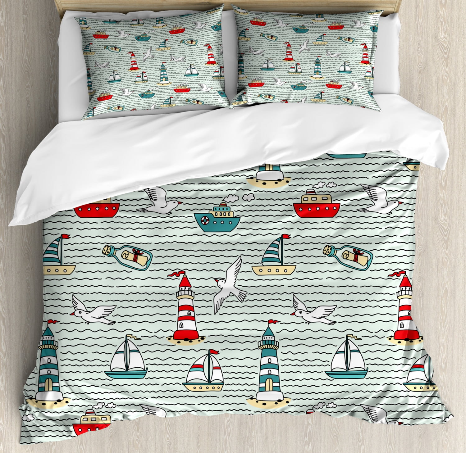 Lighthouse King Size Duvet Cover Set, Seagulls Lighthouses Message