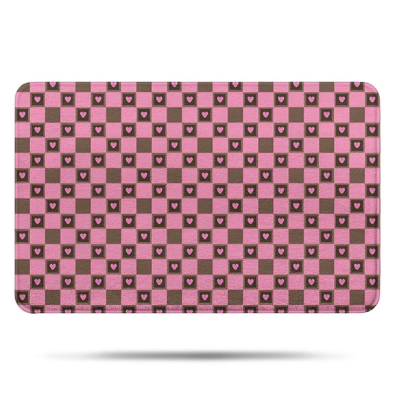 Pink Brown Heart Checkered Pattern Bathroom Rugs Mat,Non Slip Microfiber Bathroom Rug,Rubber Backing,Soft Bathroom Mats for Bathroom Floor,Tub and Shower,17x27in(43x68cm)