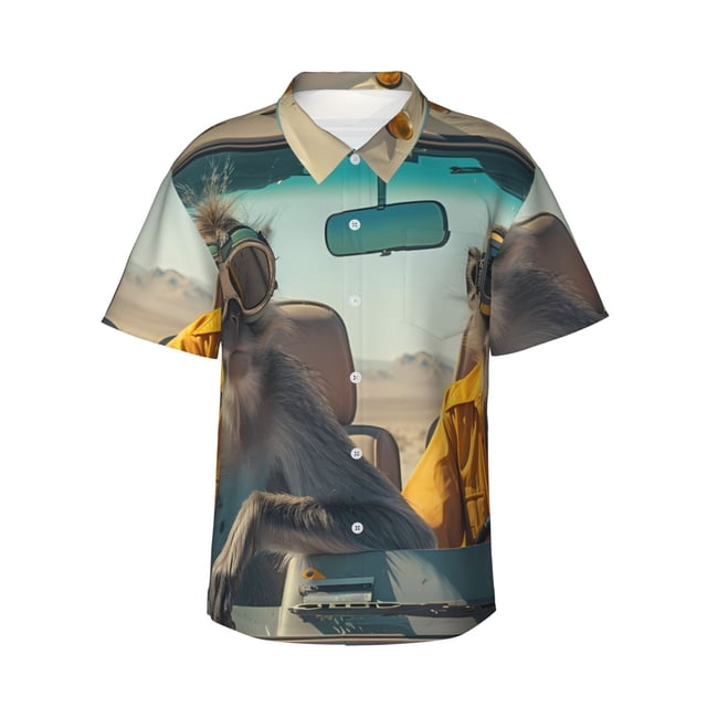 Fotbe Desert Monkeys Drive Camisa Hawaiana para Hombre Unisex – Camisa Casual de Verano con Botones de Manga Corta de Algodón y Lino,Medium