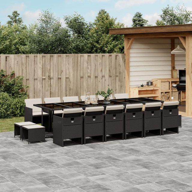 vidaXL 17 Piece Garden Dining Set with Cushions Black Poly Rattan