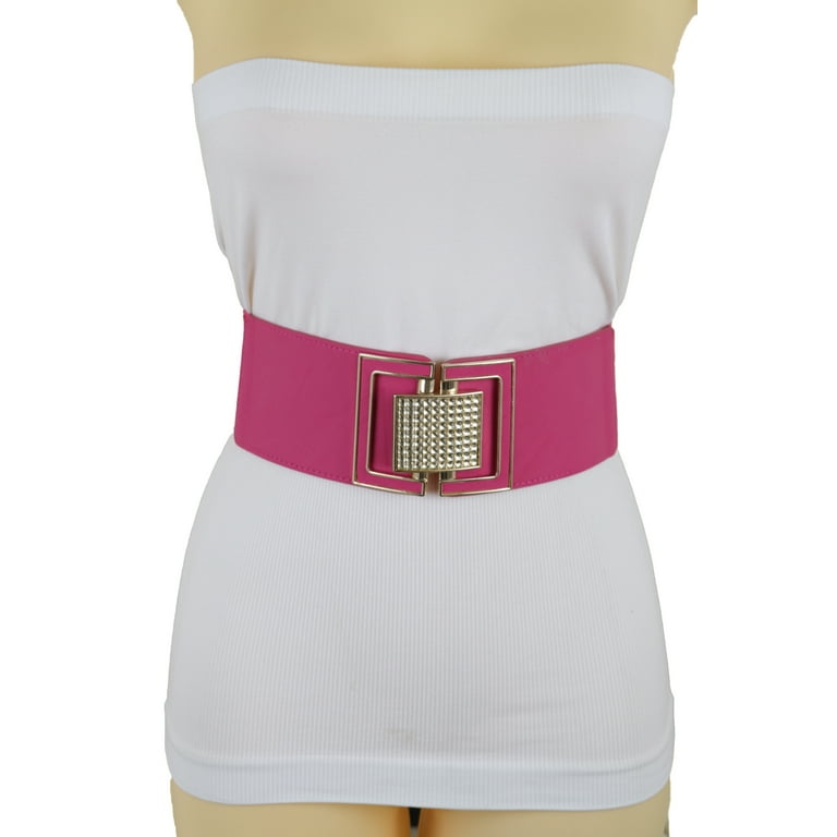 Pink Elastic Belt Gold Square Buckle Fit Size S M Pink Elastic Belt Gold Square Buckle Fit Size S M