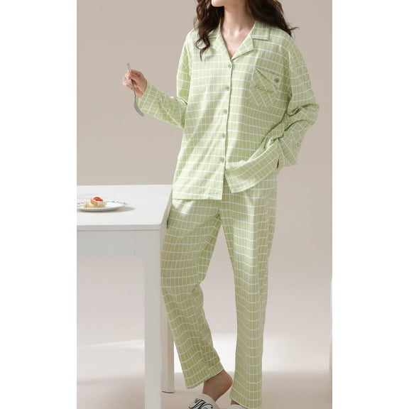 Women's Pajama Set 2 Pcs 100% Cotton Long Sleeve Sleepwear Button Down Lounge Wear Light Green Plaid