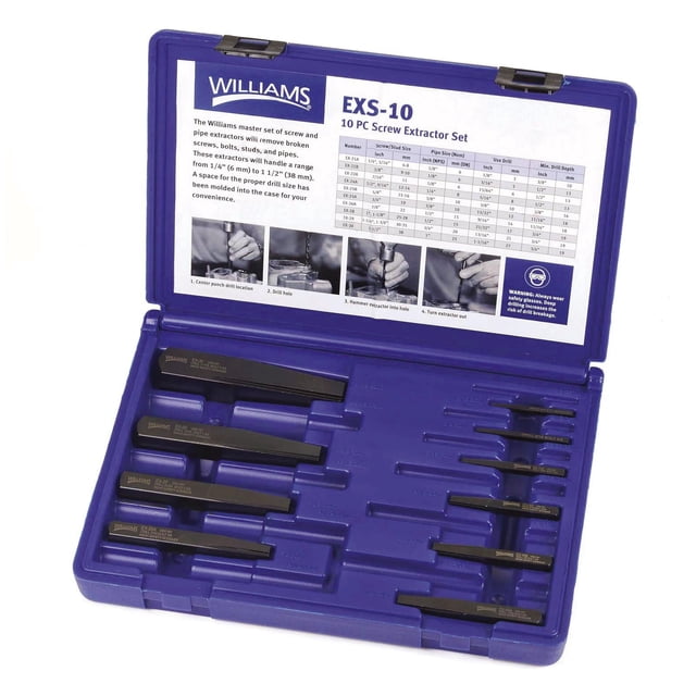 Juego de extractores de tornillos Williams EXS-10, 10 piezas, color negro
