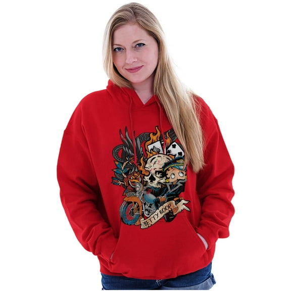 Betty Boop Biker Flaming Skull Tattoo Women Plus Size Hoodie Brisco Brands 2X