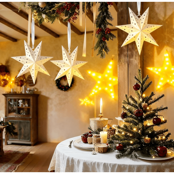 3PCS Christmas Paper Star Lanterns, 3D Large 7Pointed Stars with Lights,Foldable Decorative Christmas Hanging Decorations for Xmas Winter Wedding New Year Party Home Decor Indoor(Star)