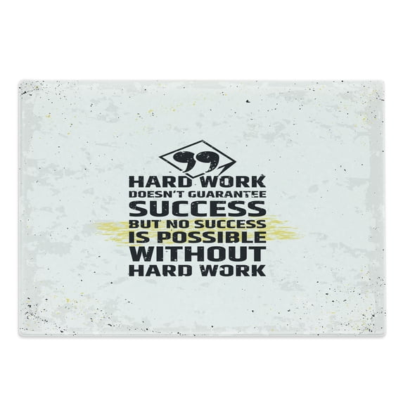 Wording Cutting Board, Hard Work Success Inspirational Words Grunge Theme Typographic Concept, Decorative Tempered Glass Cutting and Serving Board, Large Size, Yellow Black White, by Ambesonne