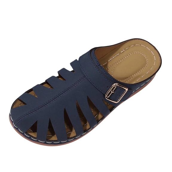 KEGIRLOM Women's Fashion Casual Hollow Solid Color Baotou Sandals Thick Bottom Half Slippers Wedge Heels Shoes Navy 5.5
